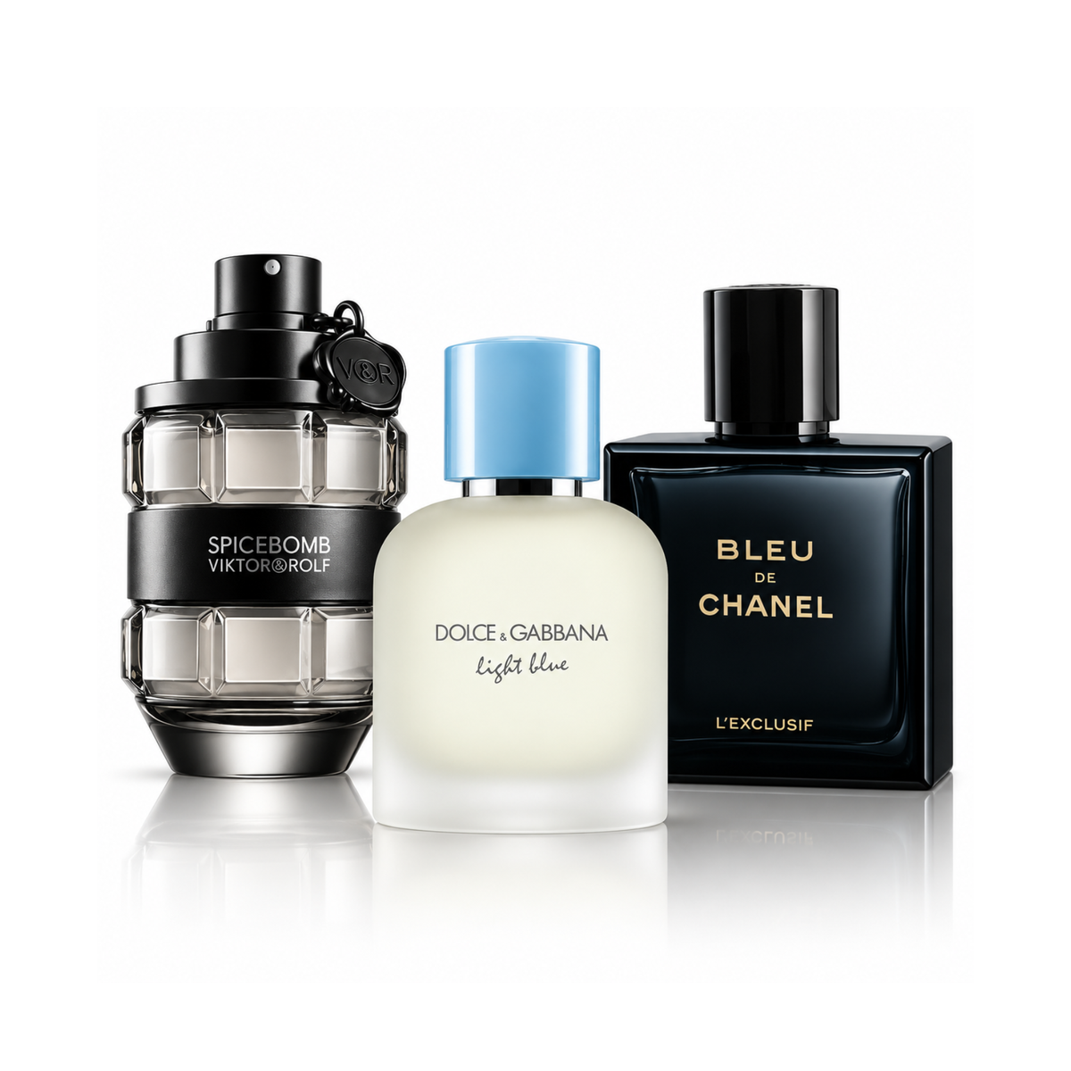 Zestaw 3 perfum |Spicebomb Viktor&Rolf Eau de Toilette – 100 ml | Light Blue Pour Homme Dolce&Gabbana Eau de Toilette – 100 ml | Bleu de Chanel L’Exclusif – 100 ml